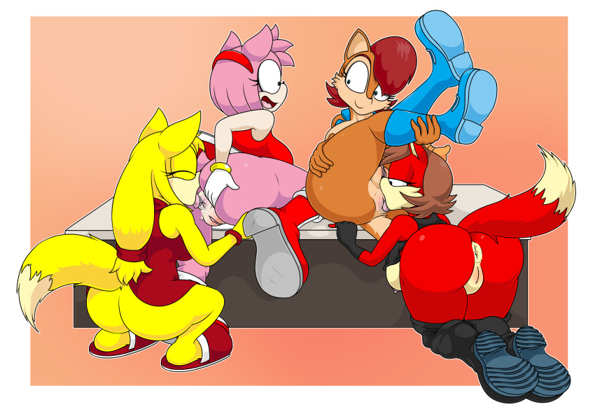 absurd_res amy_rose anal anthro anus archie_comics bodily_fluids bottomless casual_exposure casual_nudity casual_sex clothed clothing crouching dress female female/female fiona_fox footwear furniture genitals group hi_res kneeling licking oral pants_down partially_clothed pussy raised_leg rimming saliva sally_acorn sex shoes simple_background sonic_boom sonic_the_hedgehog_(archie) sonic_the_hedgehog_(comics) sonic_the_hedgehog_(series) table talking_to_another tinydevilhorns tongue tongue_out zooey_the_fox