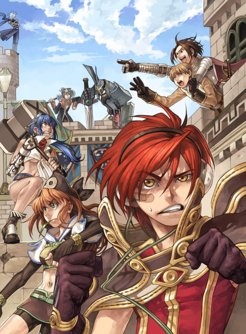 3girls 4boys acolyte_(ragnarok_online) arm_around_neck armor ascot assassin_(ragnarok_online) axe bandaid bandaid_on_cheek bandana bangs belt bike_shorts black_headwear blacksmith_(ragnarok_online) blonde_hair blue_cape blue_hair blue_pants blue_scarf blue_shorts breasts brown_cape brown_dress brown_gloves brown_hair brown_shirt brown_shorts cape capelet cassock castle chainmail cigarette clenched_teeth closed_eyes closed_mouth cloud crop_top crossed_arms day dress earrings elbow_rest emblem eyebrows_visible_through_hair facing_away fingerless_gloves full_body gloves goggles goggles_on_head greatsword green_eyes green_hair hammer headphones highres holding holding_axe holding_hammer holding_sword holding_weapon hunter_(ragnarok_online) jewelry knight_(ragnarok_online) lamppost long_hair long_sleeves looking_at_another looking_to_the_side medium_breasts miniskirt multiple_boys multiple_girls myung-jin_lee official_art open_mouth outdoors pants pauldrons pointing ponytail priest_(ragnarok_online) ragnarok_online red_eyes red_hair red_neckwear red_shirt scarf shirt short_hair short_sleeves shorts shorts_under_skirt shoulder_armor skirt sky sleeveless sleeveless_shirt standing sweatdrop sword sword_guardian_(ragnarok_online) tearing_up teeth tied_shirt two-tone_shirt underboob upper_body waist_cape weapon white_capelet white_hair white_shirt white_sleeves wizard_(ragnarok_online) yellow_eyes yellow_shirt