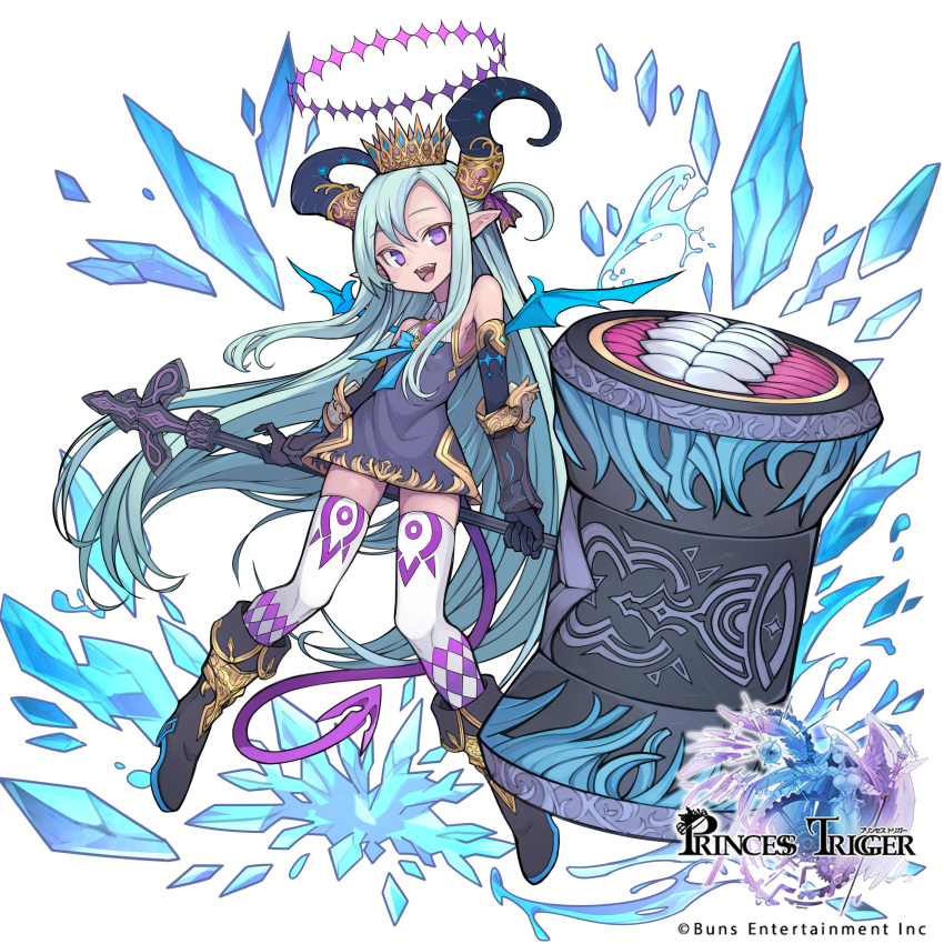 1girl absurdres aqua_hair armor bare_shoulders black_footwear black_gloves blue_bow bow clenched_teeth copyright_name crown demon_wings elbow_gloves eyebrows_visible_through_hair gloves halo hammer highres holding holding_hammer holding_weapon horn_ornament horn_ring horns huge_weapon ice izayoi_cha mini_wings official_art open_mouth pointy_ears princess_trigger purple_eyes smile solo teeth thighhighs tongue upper_teeth vambraces water weapon white_background white_legwear wings