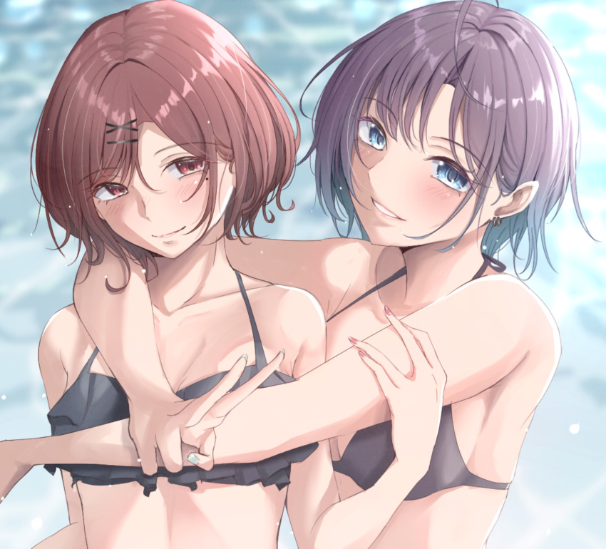 2girls absurdres antenna_hair arms_around_neck asakura_tooru bangs bare_arms bare_shoulders bikini bikini_top black_bikini black_swimsuit blue_eyes blush breasts cleavage earrings eyebrows_visible_through_hair hair_ornament hairclip halter_top halterneck hand_gesture highres higuchi_madoka idolmaster idolmaster_shiny_colors jewelry k-chitsu looking_at_viewer medium_breasts mole mole_under_eye multicolored_hair multiple_girls nail_polish ocean outdoors red_eyes short_hair sleeveless small_breasts smile smole swimsuit two-tone_hair upper_body v water x_hair_ornament