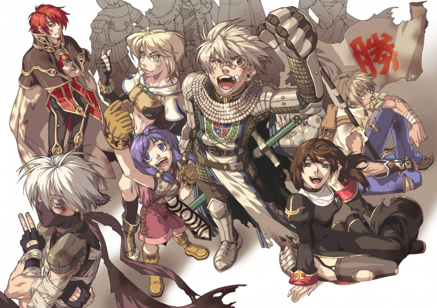 3girls 4boys after_battle arm_up armor armored_boots assassin_(ragnarok_online) backpack bag bandages bandaid bandaid_on_arm bandaid_on_cheek bandaid_on_nose bangs belt black_dress black_gloves black_pants blacksmith_(ragnarok_online) blonde_hair blue_eyes boots bottle breastplate breasts broken_tooth brown_belt brown_capelet brown_eyes brown_footwear brown_gloves brown_hair brown_legwear brown_pants brown_shirt bruise bruise_on_face cape cart chainmail clenched_hand closed_eyes closed_mouth collarbone crop_top cross cross_necklace crossed_arms dress emblem eyebrows_visible_through_hair flag from_above full_body garter_straps gauntlets glass_bottle gloves green_eyes hair_between_eyes holding holding_flag hunter_(ragnarok_online) injury jewelry juliet_sleeves knight_(ragnarok_online) long_hair long_sleeves looking_at_viewer medium_breasts medium_hair midriff multiple_boys multiple_girls myung-jin_lee navel necklace ninja_mask novice_(ragnarok_online) official_art one_eye_closed open_mouth pants parted_bangs parted_lips pauldrons pink_shorts platinum_blonde_hair priest_(ragnarok_online) puffy_sleeves purple_eyes purple_hair ragnarok_online red_hair red_scarf scarf scratches shirt short_hair short_sleeves shorts shoulder_armor sidelocks simple_background sitting sleeveless sleeveless_shirt socks standing sword tabard teeth torn_clothes torn_legwear torn_pants translated victory weapon white_background white_cape white_hair white_shirt wizard_(ragnarok_online) yellow_eyes yellow_shirt