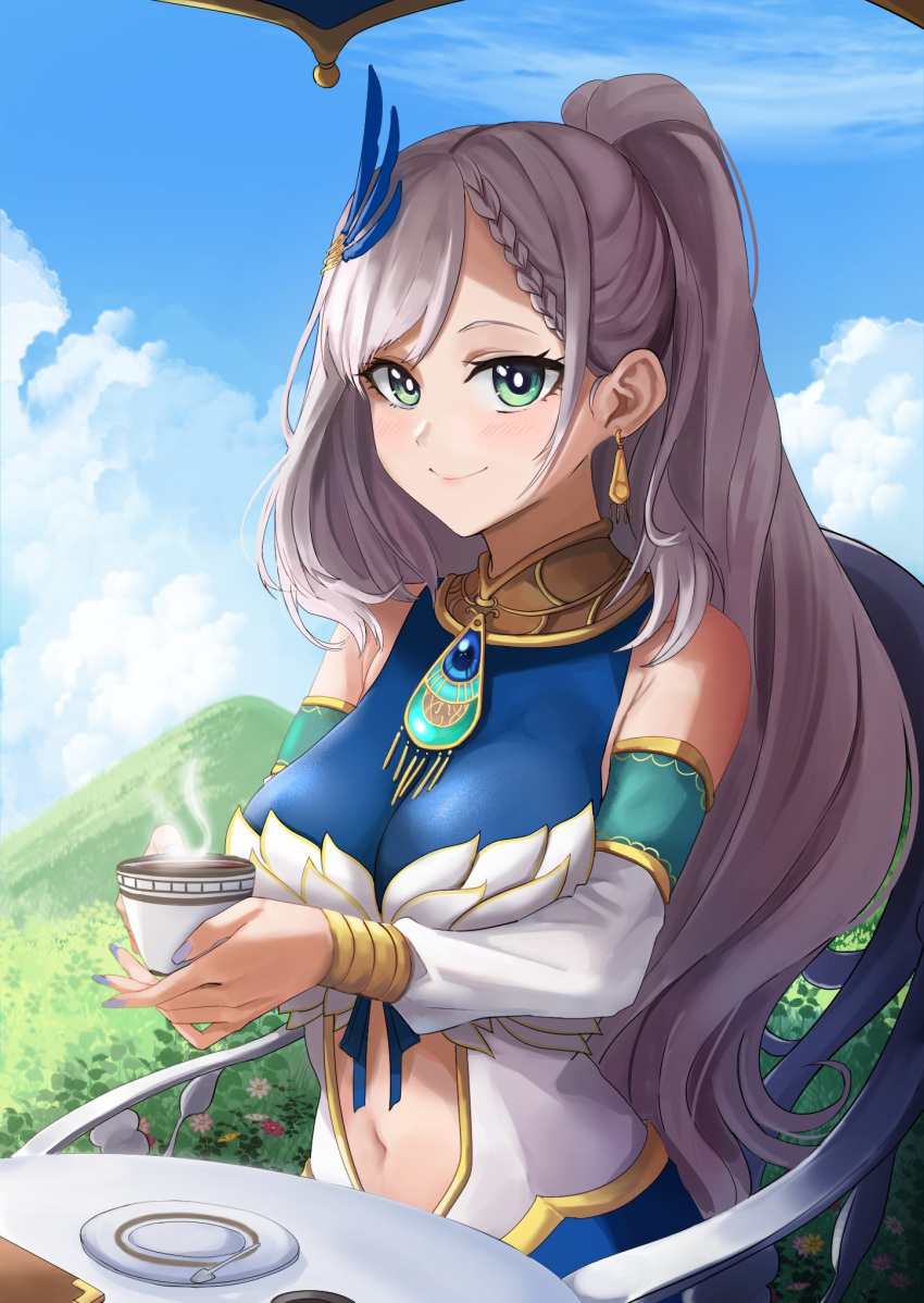 1girl bangs breasts cloud cup detached_sleeves dvdraw english_commentary eyebrows_behind_hair green_hair highres holding holding_cup hololive hololive_indonesia large_breasts midriff_cutout mountain navel pavolia_reine side_ponytail silver_hair sky smile solo teacup virtual_youtuber