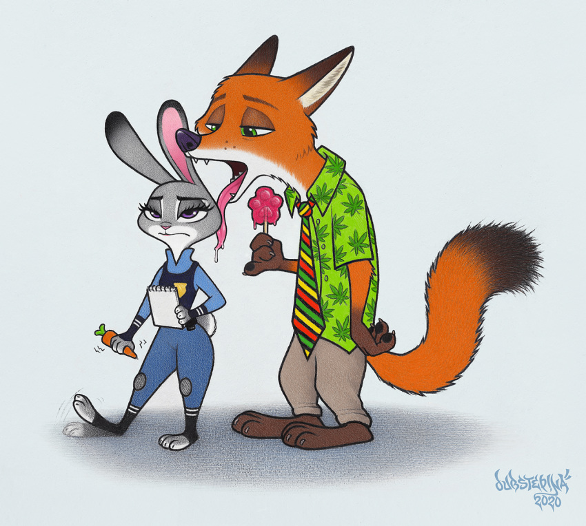 2020 anthro bodily_fluids bottomwear canid canine clothed clothing disney drooling dubstepina duo female food fox fully_clothed fur green_eyes grey_body grey_fur holding_food holding_object holding_popsicle judy_hopps lagomorph leporid licking male mammal necktie nick_wilde orange_body orange_fur pants pawpsicle police_uniform popsicle purple_eyes rabbit red_fox saliva shirt signature simple_background teeth tongue tongue_out topwear uniform white_body white_fur zootopia