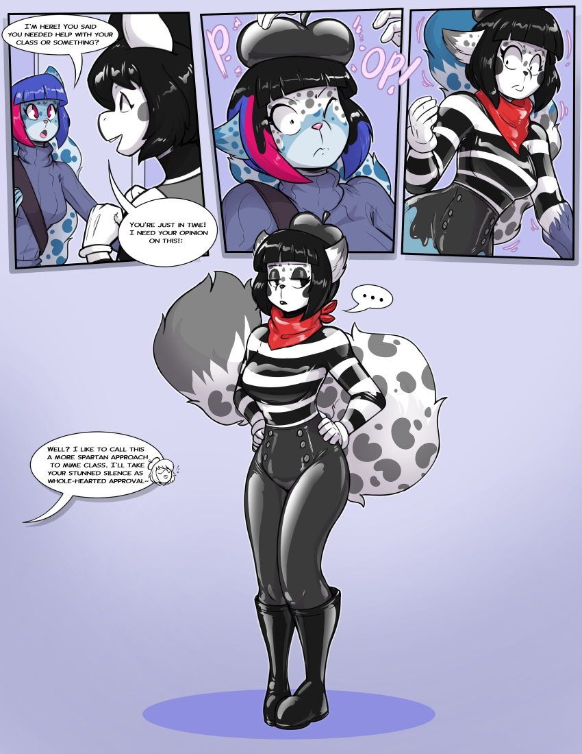 ... absurd_res beret black_hair clothing dialogue english_text equid equine felid feline female hair hat headgear headwear helixjack hi_res horse izzy_(oc) mammal mew_(helixjack) mime neckerchief pony sweater text topwear transformation turtleneck