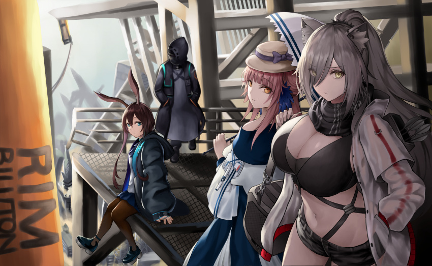 1other 3girls absurdres amiya_(arknights) animal_ear_fluff animal_ears anklet arknights arm_support arrow_(projectile) ascot bag bangs bare_shoulders black_footwear black_jacket black_scarf black_shorts blue_eyes blunt_bangs bow breasts brown_hair bunny_ears cat_ears ceylon_(arknights) cleavage cowboy_shot crop_top doctor_(arknights) double_bun dress eyebrows_visible_through_hair frilled_ascot frills full_body gloves grey_robe groin hair_between_eyes hair_over_one_eye hand_in_pocket hands_in_pockets hat hat_bow high_ponytail highres holding holding_strap holding_umbrella hood hood_up hooded_jacket huge_filesize jacket jewelry large_breasts long_hair long_ponytail long_sleeves looking_at_viewer midriff multiple_girls multiple_rings navel neck_ring open_clothes open_jacket pantyhose pink_hair ponytail quiver ring roina_(pixiv40428837) ruins scarf schwarz_(arknights) see-through shadow sheer_clothes shirt shoes short_shorts shorts shoulder_bag sidelocks silver_hair sitting skirt small_breasts smile standing thumb_ring umbrella white_jacket white_umbrella yellow_eyes