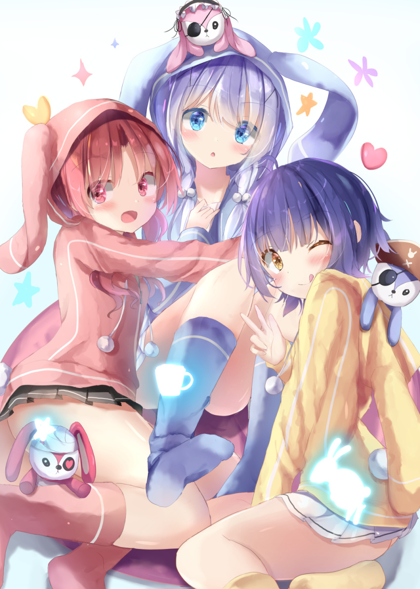 3girls :d :o ;q animal_ears animal_hood bangs black_skirt blue_background blue_eyes blue_hair blue_hoodie blush brown_eyes brown_legwear bunny_hood chestnut_mouth chimame-tai closed_mouth commentary_request eyebrows_visible_through_hair eyepatch fake_animal_ears feet_out_of_frame gochuumon_wa_usagi_desu_ka? gradient gradient_background hair_between_eyes hair_ornament highres hood hood_down hood_up hoodie jouga_maya kafuu_chino long_hair multiple_girls na!?_(naxtuyasai) natsu_megumi one_eye_closed open_mouth parted_lips pink_hoodie pleated_skirt red_eyes red_hair skirt smile socks stuffed_animal stuffed_bunny stuffed_toy tongue tongue_out white_background white_skirt x_hair_ornament yellow_hoodie