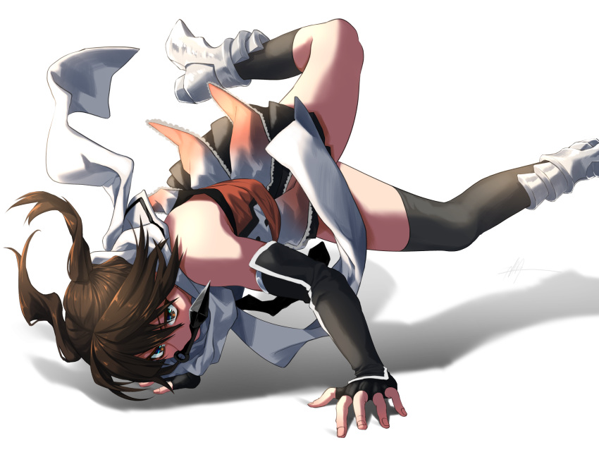 1girl bangs black_gloves black_skirt breakdance brown_eyes brown_hair elbow_gloves gloves hair_ornament highres kantai_collection kunai mouth_hold nmz_(namazu) remodel_(kantai_collection) scarf school_uniform sendai_(kantai_collection) serafuku short_hair skirt solo two_side_up weapon white_scarf