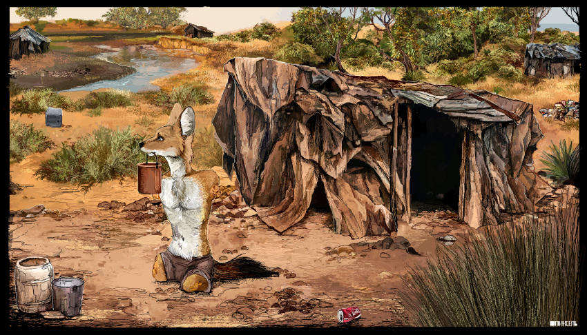 amputee anthro bottomwear brown_eyes bucket canid canine canis clothed clothing detailed detailed_background digital_drawing_(artwork) digital_media_(artwork) dirt disability domestic_dog doorway fur grass grassland herding_dog hi_res inner_ear_fluff jeffusherb leaf limbless male mammal multicolored_body multicolored_fur neck_tuft partially_clothed pastoral_dog pixel_(artwork) plant quadruple_amputee river shorts shrub solo tent tree tuft two_tone_body two_tone_fur welsh_corgi white_body white_fur yellow_body yellow_fur