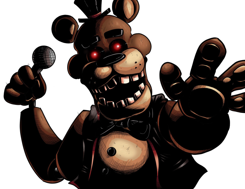 2020 animatronic anthro big_bow_tie black_eyebrows black_nose bow_tie brown_body clothed clothing eyebrows fangame five_nights_at_freddy's five_nights_at_freddy's_plus freckles freddy_(fnaf) glowing glowing_eyes hat headgear headwear hi_res looking_at_viewer machine male mammal microphone multicolored_body not-cucumber open_mouth pawpads paws raised_arm red_eyes robot round_ears simple_background smile solo standing tan_body teeth top_hat topwear ursid vest video_games white_background