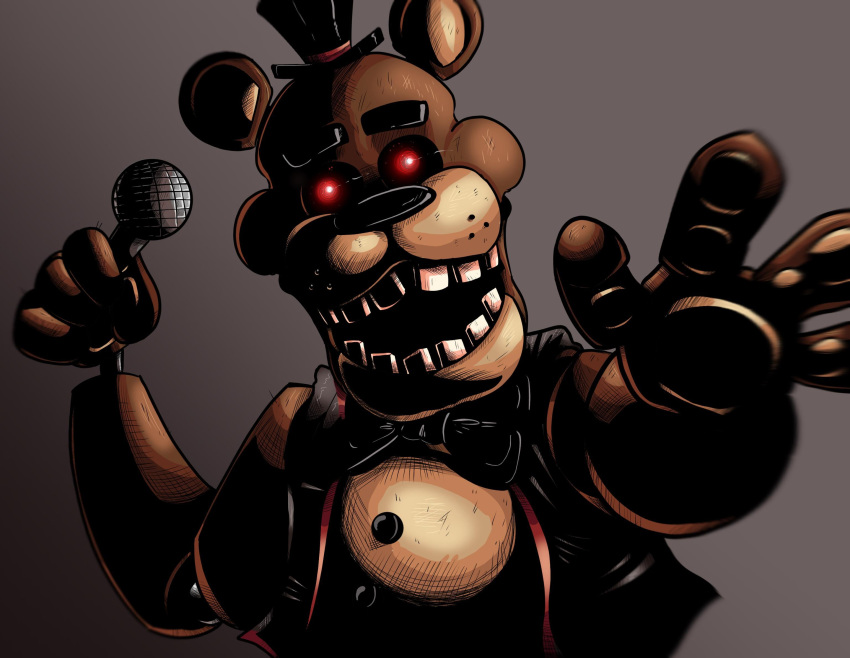 2020 animatronic anthro big_bow_tie black_eyebrows black_nose bow_tie brown_background brown_body clothed clothing eyebrows fangame five_nights_at_freddy's five_nights_at_freddy's_plus freckles freddy_(fnaf) glowing glowing_eyes hat headgear headwear hi_res looking_at_viewer machine male mammal microphone multicolored_body not-cucumber open_mouth pawpads paws raised_arm red_eyes robot round_ears simple_background smile solo standing tan_body teeth top_hat topwear ursid vest video_games