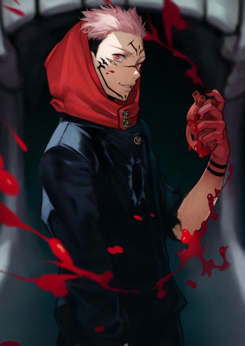 1boy black_hair black_jacket black_nails black_pants blood blood_on_face cowboy_shot extra_eyes facial_tattoo fingernails gakuran heart heart_(organ) highres holding holding_heart hole_in_chest hood hood_down hoodie itadori_yuuji jacket jujutsu_kaisen long_sleeves looking_at_viewer male_focus pants pink_hair red_eyes red_hoodie ryoumen_sukuna_(jujutsu_kaisen) school_uniform sharp_fingernails short_hair smile solo spiked_hair standing tattoo torn_sleeve undercut yoshio_(55level)