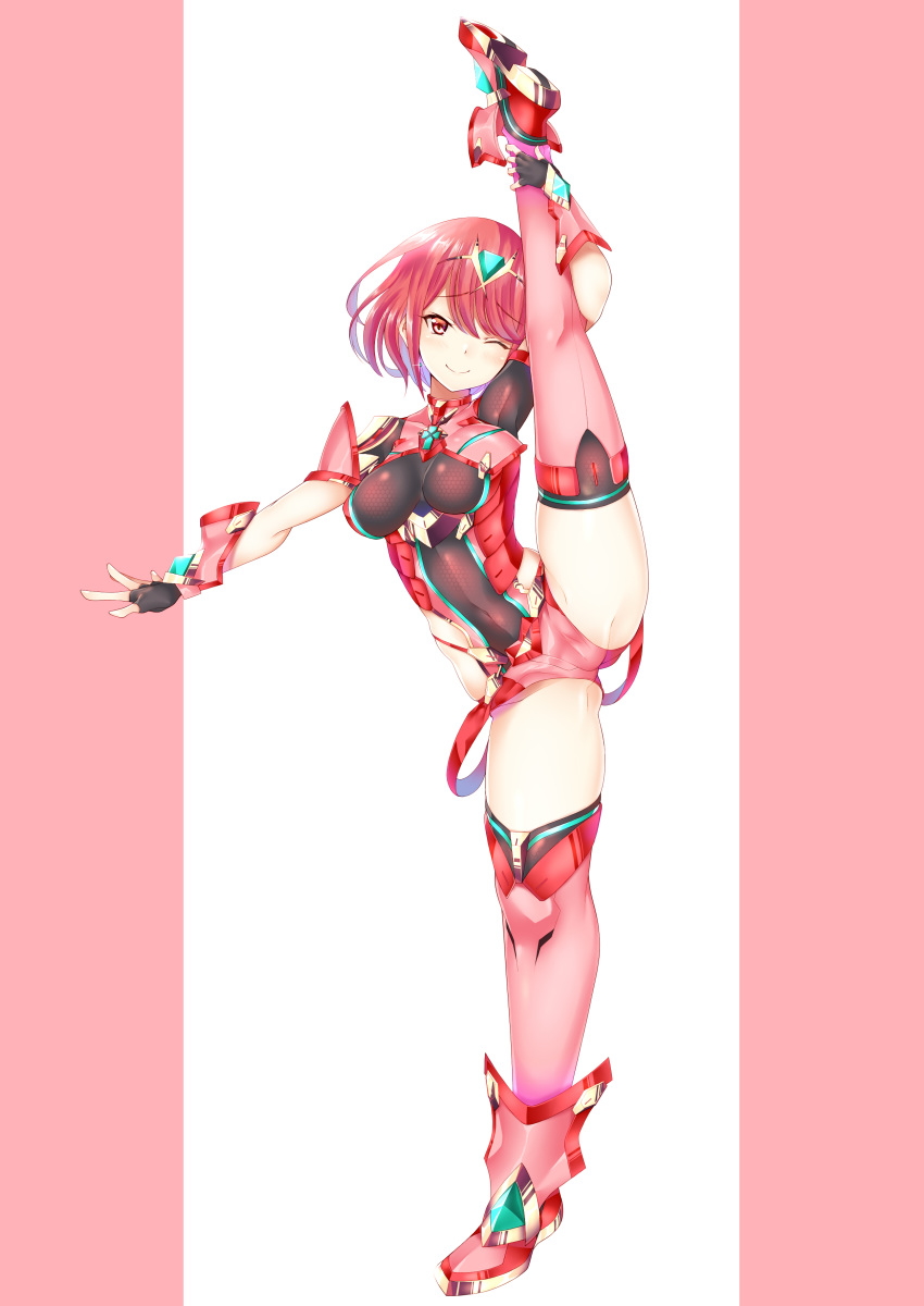 1girl absurdres breasts daive full_body highres leg_up looking_at_viewer medium_breasts one_eye_closed pyra_(xenoblade) red_eyes red_hair short_hair shorts skindentation smile solo split standing standing_on_one_leg standing_split thighhighs xenoblade_chronicles_(series) xenoblade_chronicles_2