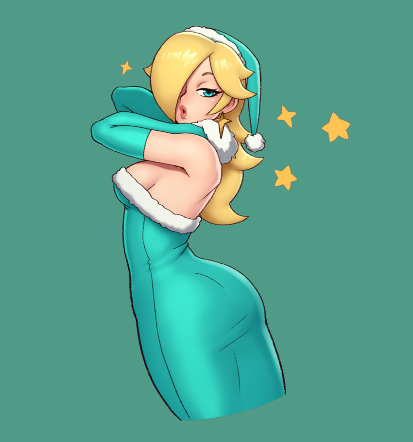 1girl absurdres alternate_costume ass blonde_hair blue_eyes breasts dress elbow_gloves gloves green_background hair_over_eyes hands_on_own_neck hat highres lipstick looking_at_viewer looking_back makeup mario_(series) pink_lipstick puckered_lips rizdraws rosalina santa_costume santa_hat simple_background star_(symbol) super_mario_galaxy tight_dress