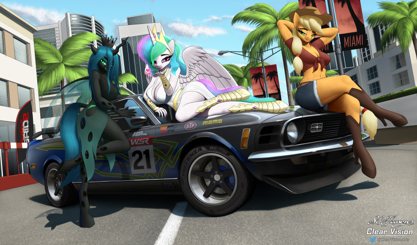 2020 absurd_res anthro applejack_(mlp) arthropod car changeling clearvision clothed clothing cloud detailed_background digital_media_(artwork) equid eyebrows eyelashes female forked_tongue friendship_is_magic green_eyes group hasbro hi_res hole_(anatomy) horn licking licking_lips looking_at_viewer mammal my_little_pony outside princess_celestia_(mlp) queen_chrysalis_(mlp) shadow tongue tongue_out vehicle winged_unicorn wings