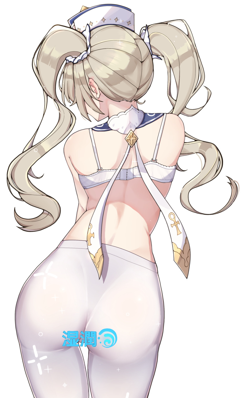 1girl absurdres ass back barbara_(genshin_impact) blonde_hair bra cowboy_shot cross drill_hair from_behind genshin_impact hair_ornament hat highres latin_cross pantyhose priestess qhtjd0120 simple_background solo text_focus twin_drills twintails underwear white_background white_bra white_legwear