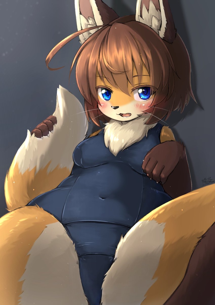 2019 5_fingers ahoge anthro black_nose blue_eyes blush breasts brown_body brown_fur brown_hair canid canine chest_tuft claws clothing cute_fangs dipstick_tail female fingers fluffy fluffy_tail fox fur glistening glistening_body glistening_fur glistening_hair gloves_(marking) grey_background hair hi_res inner_ear_fluff kemono leg_markings looking_at_viewer mammal markings multicolored_body multicolored_fur multicolored_tail navel one-piece_swimsuit open_mouth orange_body orange_fur school_swimsuit shadow shiitakemeshi short_hair signature simple_background slightly_chubby socks_(marking) solo spread_legs spreading swimwear teeth tongue tuft whiskers white_body white_fur yellow_body yellow_fur