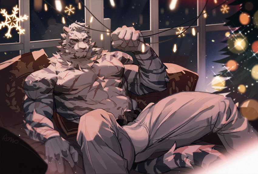 1boy abs amo9612 animal_ears arknights ass_visible_through_thighs bara belt black_belt bulge chest_hair christmas christmas_tree couch feet_out_of_frame furry light_smile male_focus mountain_(arknights) muscle navel night night_sky no_nipples pants pectorals scar scar_across_eye scar_on_chest shirtless short_hair sitting sky snowflakes solo spread_legs tail thick_thighs thighs tiger_boy tiger_ears tiger_stripes tiger_tail white_fur white_hair white_pants