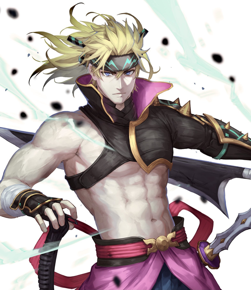 1boy abs asymmetrical_clothes bare_pecs blonde_hair blue_eyes chest_harness debris fate/grand_order fate_(series) harness headband heian_warrior_attire_(fate/grand_order) high_collar highres holding holding_weapon igote kouzuki_kei looking_at_viewer male_focus muscle sakata_kintoki_(fate/grand_order) solo sword upper_body weapon