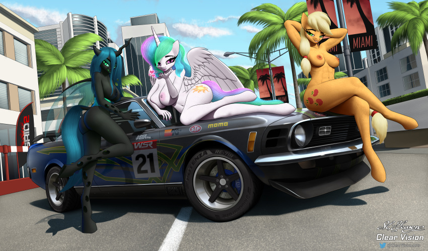 2020 absurd_res anthro applejack_(mlp) areola arthropod breasts butt car changeling clearvision cloud cutie_mark detailed_background digital_media_(artwork) equid eyebrows eyelashes female forked_tongue friendship_is_magic green_eyes group hasbro hi_res hole_(anatomy) horn licking licking_lips looking_at_viewer mammal my_little_pony nipples nude outside princess_celestia_(mlp) queen_chrysalis_(mlp) shadow tongue tongue_out vehicle winged_unicorn wings