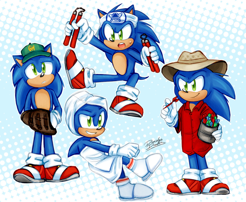 2019 accessory alternate_costume anthro clothing danielasdoodles eulipotyphlan footwear gloves green_eyes handwear hat headband headgear headwear hedgehog hi_res holding_object male mammal melee_weapon nunchaku open_mouth sandals shirt signature smile sonic_the_hedgehog sonic_the_hedgehog_(film) sonic_the_hedgehog_(series) teeth topwear towel video_games weapon