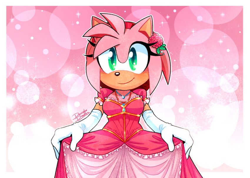 2020 accessory amy_rose anthro breasts clothing danielasdoodles dress eulipotyphlan female flower flower_in_hair gloves green_eyes hair hair_accessory hairband handwear hedgehog mammal plant signature smile solo sonic_the_hedgehog_(series) sonic_x video_games