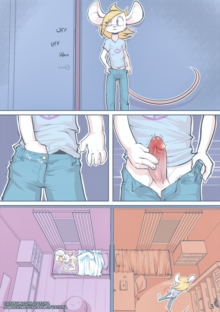 absurd_res anthro bed brother close-up clothed clothing comic digitigrade duo erection female furniture genitals hi_res humanoid_genitalia humanoid_penis iris_(ratcha) male male_focus mammal mouse murid murine penis phone ratcha rodent sibling sister skye_(ratcha) solo_focus