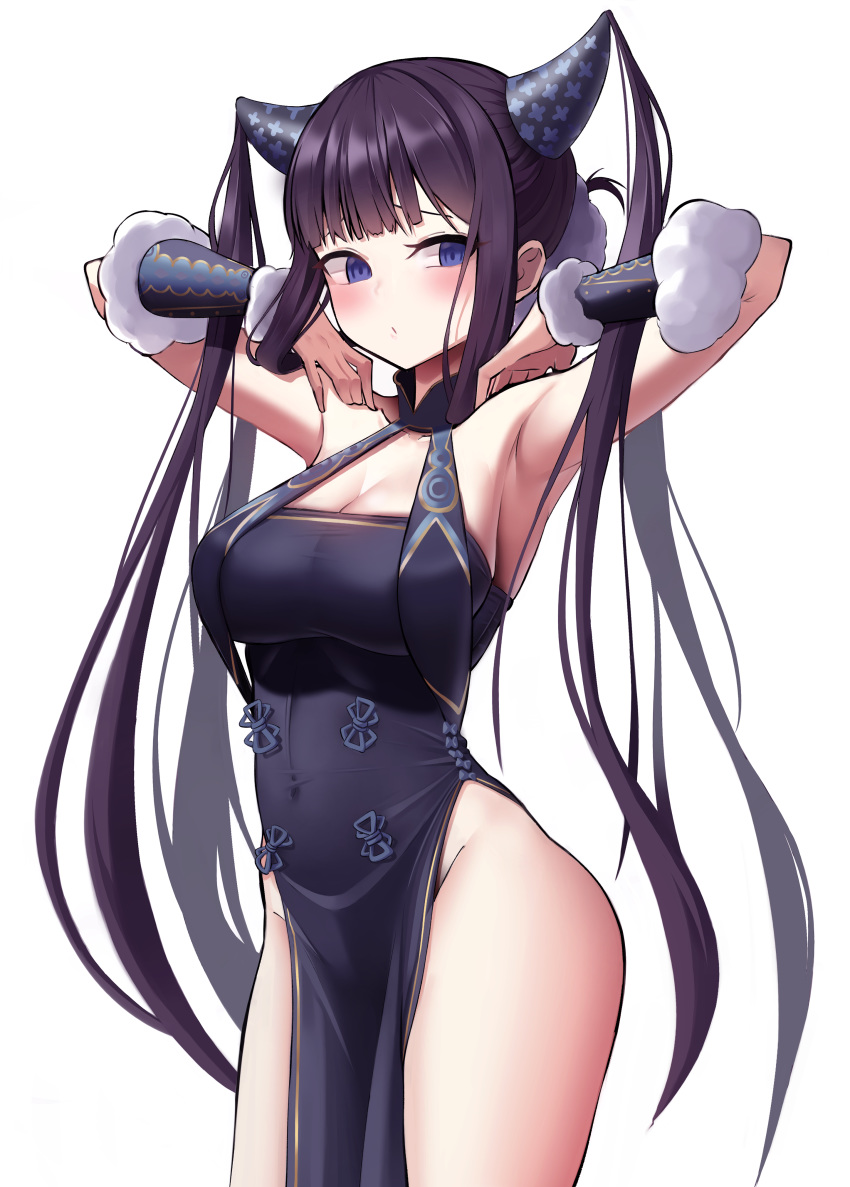 1girl absurdres armpits bangs bare_shoulders black_dress blue_eyes blush breasts china_dress chinese_clothes cleavage detached_sleeves dress fate/grand_order fate_(series) hair_ornament hands_up highres laan_(0110) large_breasts long_hair looking_at_viewer pelvic_curtain purple_hair side_slit sidelocks simple_background thighs twintails very_long_hair white_background yang_guifei_(fate/grand_order)