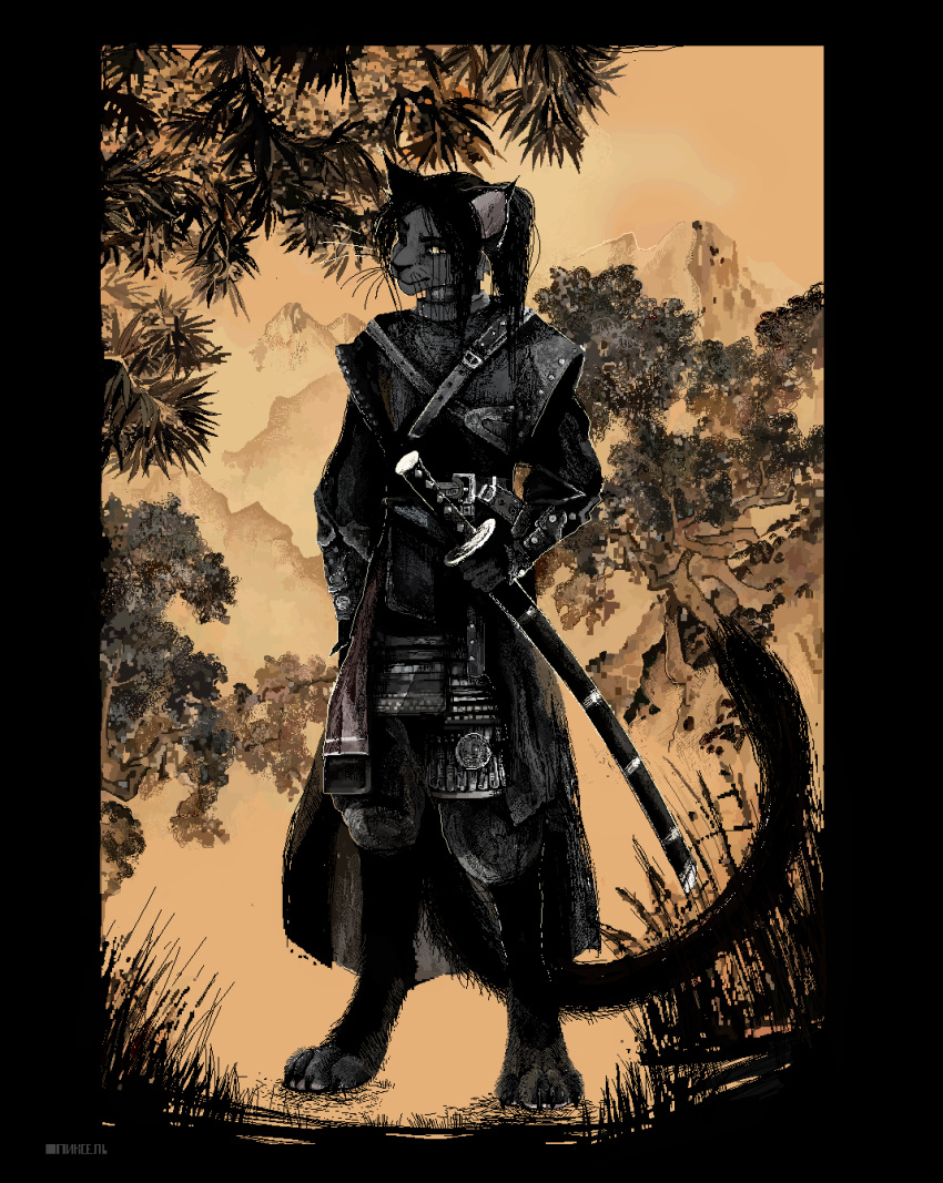 anthro armor barefoot belt black_body black_fur black_hair cape clothed clothing detailed detailed_background digital_drawing_(artwork) digital_media_(artwork) domestic_cat felid feline felis fur grass hair hi_res jeffusherb katana leaf looking_at_viewer male mammal melee_weapon monotone_body monotone_fur monotone_hair mountain pixel_(artwork) samurai solo standing sword tree warrior weapon whiskers yellow_eyes