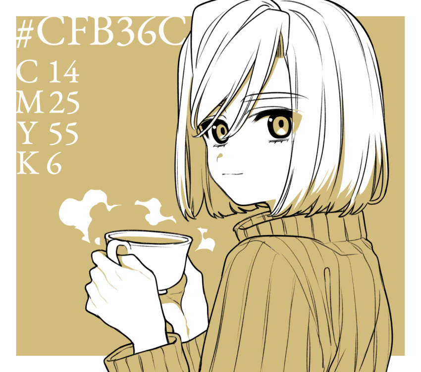 1boy bangs brown_background closed_mouth cup eyebrows_behind_hair eyebrows_visible_through_hair fate/extra fate_(series) hair_between_eyes hands_up holding holding_cup karokuchitose leonard_bistario_harway long_sleeves looking_at_viewer looking_back male_focus monochrome ribbed_sweater solo steam sweater thick_eyebrows turtleneck turtleneck_sweater two-tone_background white_background