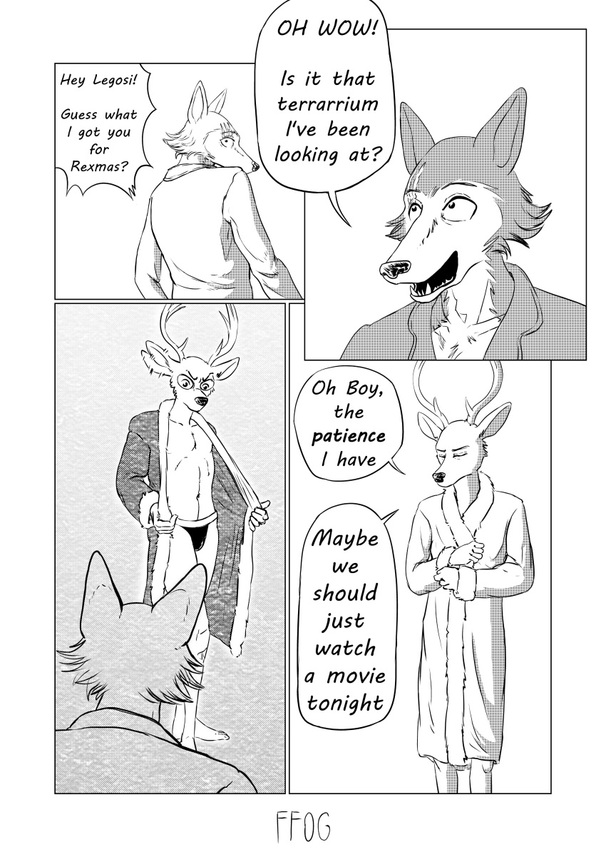 2020 absurd_res anthro antlers beastars canid canine canis cervid christmas clothed clothing comic dialogue duo english_text ffog greyscale hi_res holidays horn humor legoshi_(beastars) louis_(beastars) male mammal monochrome motion_lines navel open_clothing open_robe robe scar shirt standing text thong topwear underwear wolf