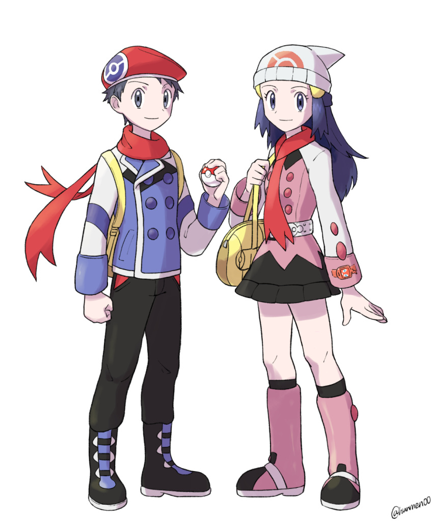 1boy 1girl alternate_costume bag beanie belt black_footwear black_legwear black_pants boots buttons clenched_hand closed_mouth commentary_request dawn_(pokemon) dress eyelashes grey_eyes hair_ornament hairclip handbag hat highres holding holding_poke_ball jacket long_hair long_sleeves lucas_(pokemon) mixar0807 pants pink_footwear poke_ball pokemon pokemon_(game) pokemon_dppt red_headwear red_scarf scarf smile socks standing white_headwear yellow_bag