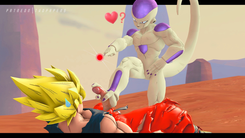 16:9 3d_(artwork) bodily_fluids clothed clothing desert digital_media_(artwork) dragon_ball duo feet foot_fetish foot_on_penis foot_play footjob frieza frieza_race genitals goku hand_on_hip hi_res male male/male outside penis saiyan sex source_filmmaker sweat sweatdrop twopapers white_body widescreen