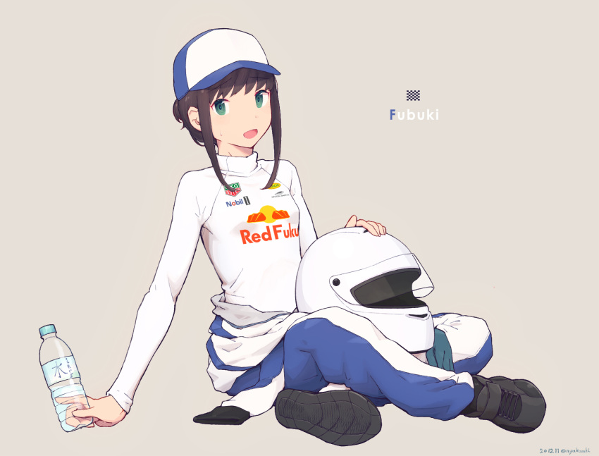 1girl black_hair blue_headwear bottle brand_name_imitation character_name fubuki_(kantai_collection) full_body green_eyes grey_background headwear_removed helmet helmet_removed indian_style jumpsuit_around_waist kantai_collection logo_parody long_sleeves looking_at_viewer motorcycle_helmet nakaaki_masashi racing_suit red_bull shirt sidelocks simple_background sitting solo white_helmet white_shirt