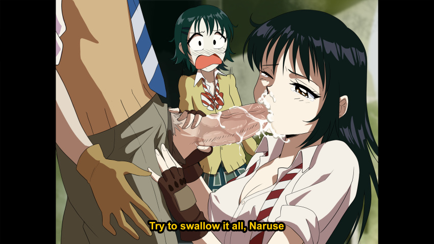 1boy 2girls absurdres black_hair bow bowtie breasts brown_eyes cardigan caught cleavage coppelion covered_nipples cum cum_in_mouth cum_in_nose dirty_ero fake_screenshot fellatio fingerless_gloves fukasaku_aoi gloves green_hair hair_ornament hairclip highres kurosawa_haruto large_penis long_hair male_pubic_hair multiple_girls naruse_ibara necktie one_eye_closed open_mouth oral pale_skin penis pubic_hair saliva shirt silver_pubic_hair sleeves_rolled_up striped striped_neckwear subtitled surprised tears undone_necktie walk-in white_shirt