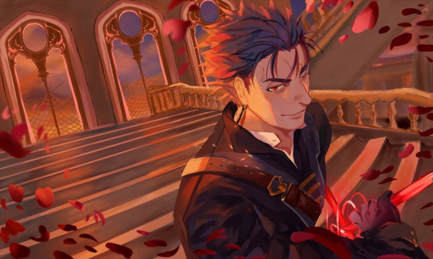 1boy alternate_costume blue_hair closed_mouth collared_shirt cu_chulainn_(fate)_(all) earrings fate/grand_order fate/stay_night fate_(series) geepiiiii grin holding holding_sword holding_weapon jewelry lancer male_focus one_eye_closed petals rapier red_eyes rose_petals shirt short_hair smile solo spiked_hair stairs strap sunset sword the_musketeers_(fate/grand_order) type-moon weapon window