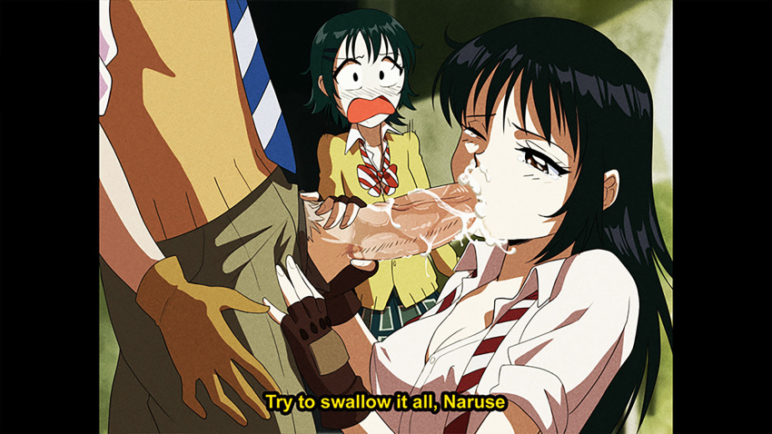 1boy 2girls black_hair bow bowtie breasts brown_eyes cardigan caught cleavage coppelion covered_nipples cum cum_in_mouth cum_in_nose dirty_ero fake_screenshot fellatio fingerless_gloves fukasaku_aoi gloves green_hair hair_ornament hairclip highres kurosawa_haruto large_penis long_hair male_pubic_hair multiple_girls naruse_ibara necktie one_eye_closed open_mouth oral pale_skin penis pubic_hair saliva shirt silver_pubic_hair sleeves_rolled_up striped striped_neckwear subtitled surprised tears undone_necktie vhs_artifacts walk-in white_shirt