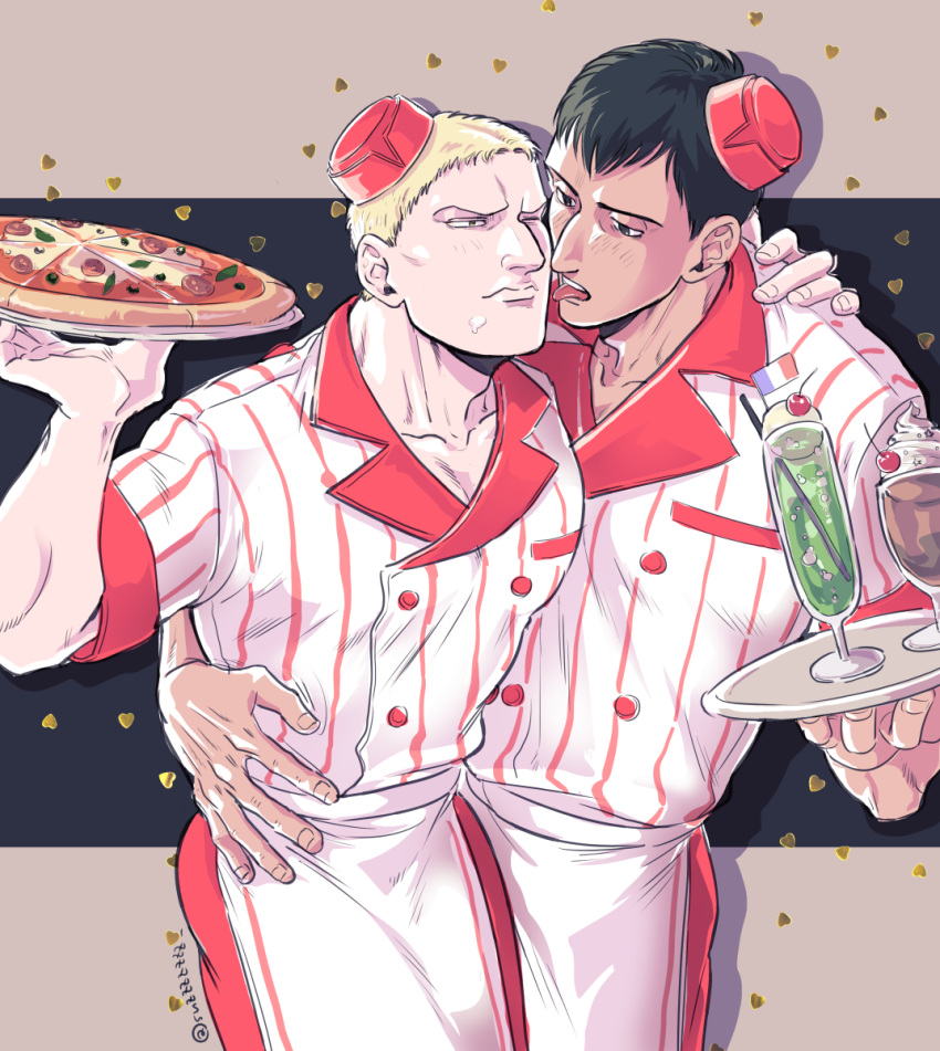 2boys alternate_costume bertolt_hoover black_hair blonde_hair blush collarbone contemporary dark_skin dark_skinned_male food food_on_face hand_on_another's_waist highres large_hands licking male_focus monochrome multiple_boys muscle ni_yuu pectorals pizza red_headwear reiner_braun shingeki_no_kyojin short_hair smoothie tray yaoi