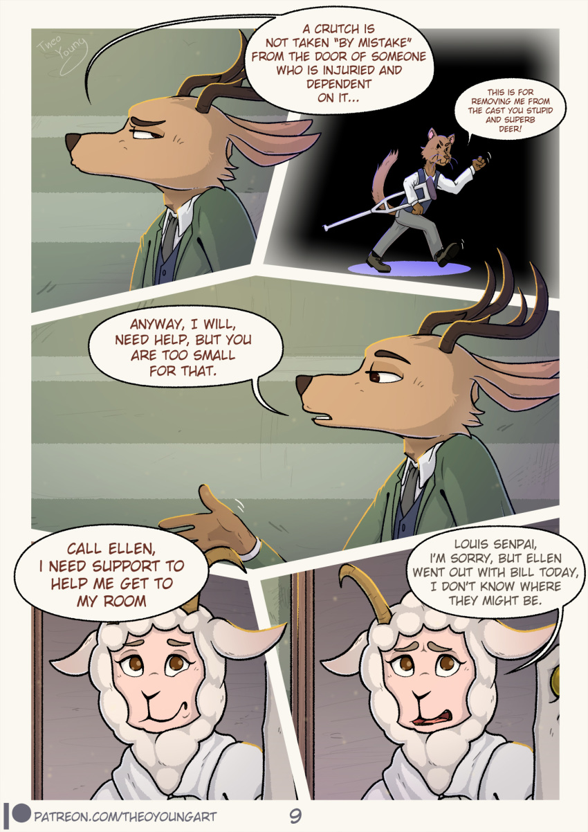 angora_goat anthro antlers beastars blush bovid brown_body brown_eyes brown_fur brown_nose caprine cervid cervine clothed clothing comic domestic_goat duo els_(beastars) english_text female fur goat herpestid hi_res horn kai_(beastars) louis_(beastars) male male/female mammal mongoose pink_body pink_skin solo suit text theo_young url white_body white_fur