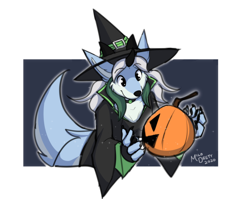 2020 anthro black_eyes black_nose canid canine canis clothed clothing female food fruit halloween hat headgear headwear hi_res holidays horn jack-o'-lantern mammal milodesty muscari plant pumpkin smile witch_hat wolf