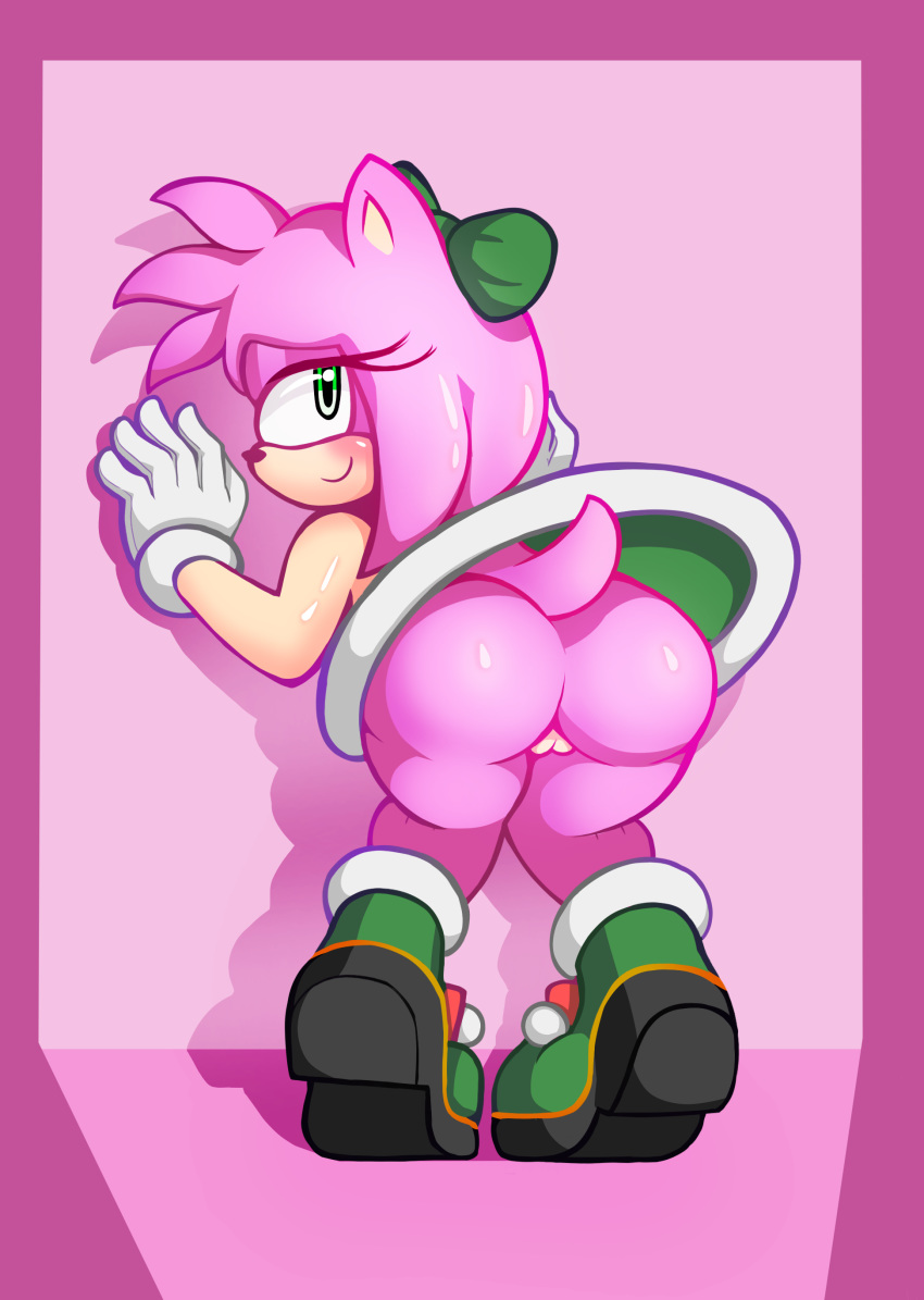 absurd_res against_wall amy_rose anthro boots butt clothing eulipotyphlan female footwear genitals hedgehog hi_res jwecchi mammal pussy solo sonic_the_hedgehog_(series) upskirt
