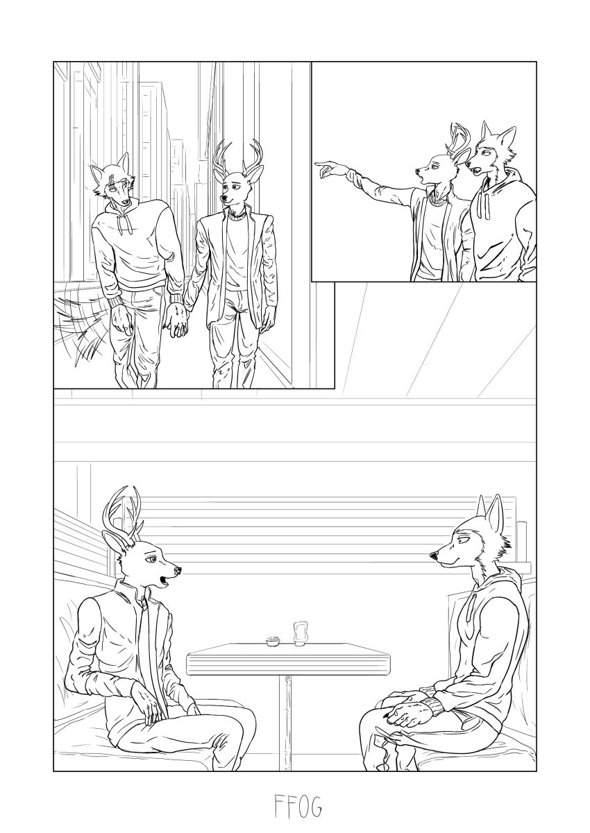 2020 absurd_res anthro antlers beastars canid canine canis cervid clothed clothing comic date duo ffog furniture greyscale hand_holding hi_res hoodie horn jacket legoshi_(beastars) louis_(beastars) male mammal monochrome open_clothing open_jacket open_topwear romantic_couple scar shirt sitting smile table tailwag topwear walking wolf