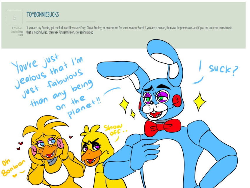 &lt;3 2015 4:3 annoyed anthro avian beak bib bird blue_body blue_eyes blush bow_tie chica_(fnaf) chicken deviantart dialogue e-c98 english_text female five_nights_at_freddy's five_nights_at_freddy's_2 freckles galliform gallus_(genus) green_eyes group hand_on_chest hand_on_head head_tuft lagomorph leporid machine male mammal multicolored_body open_mouth open_smile phasianid pink_cheeks profanity purple_eyes rabbit red_cheeks robot smile sparkles text toy_bonnie_(fnaf) toy_chica_(fnaf) tuft video_games yellow_body