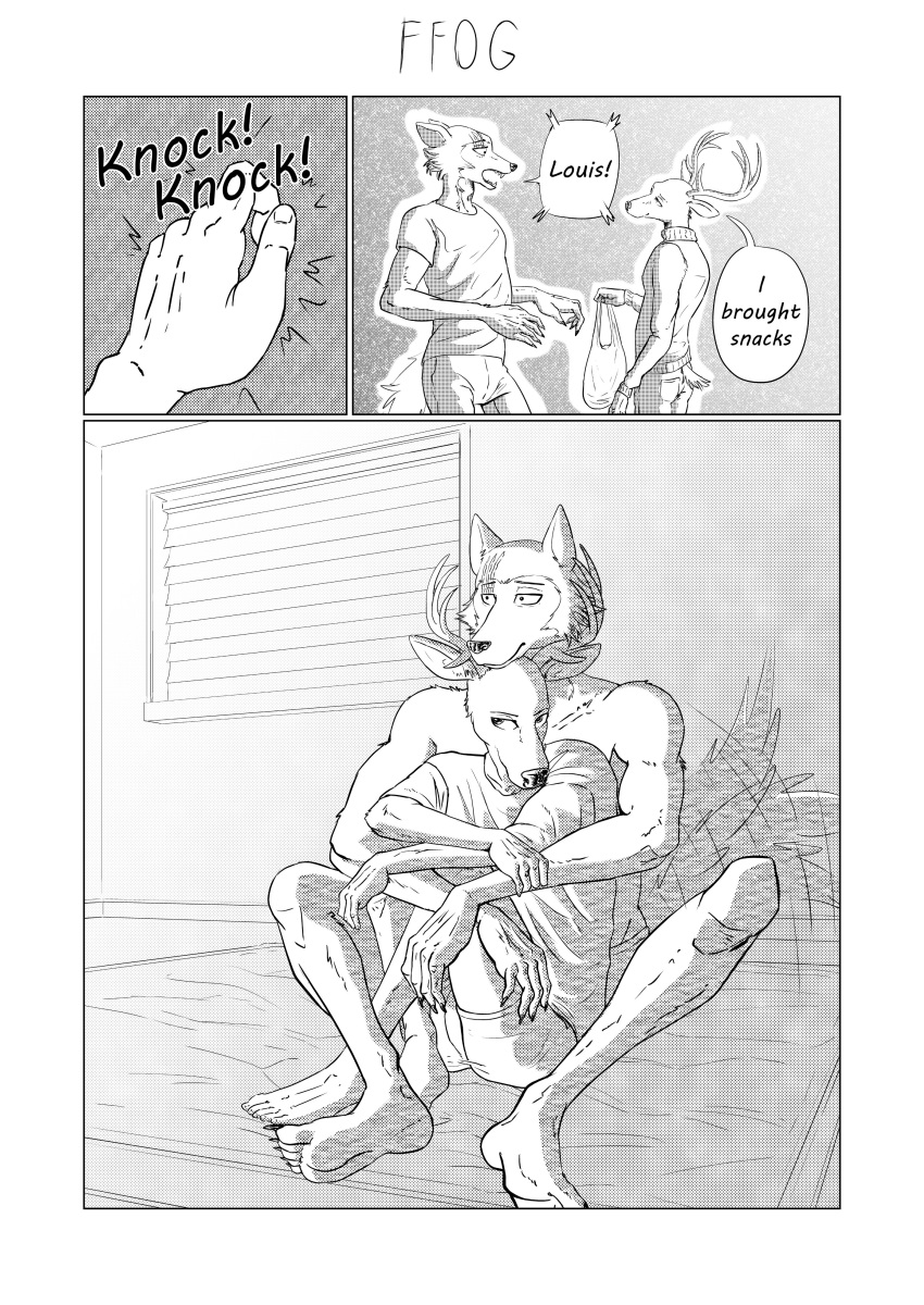 2020 absurd_res anthro antlers bag beastars canid canine canis cervid clothed clothing comic cuddling dialogue duo english_text ffog greyscale hi_res horn inside knocking legoshi_(beastars) louis_(beastars) male mammal monochrome onomatopoeia romantic_couple scar shirt sitting sound_effects standing tailwag text topwear wolf