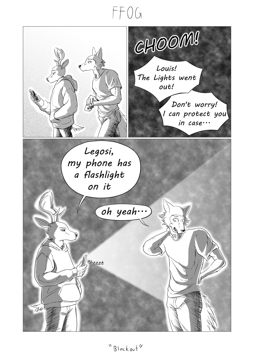 2020 absurd_res anthro antlers beastars canid canine canis cellphone cervid clothed clothing comic dialogue duo english_text ffog flashlight greyscale hand_behind_back hand_behind_head hi_res hoodie horn humor legoshi_(beastars) louis_(beastars) male mammal monochrome onomatopoeia phone power_outage shirt smartphone sound_effects standing text topwear walking wolf