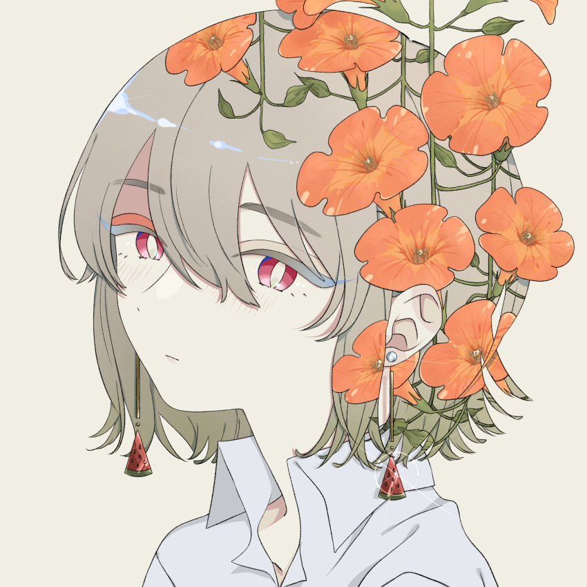 1girl absurdres blue_menouu collared_shirt earrings flower food fruit grey_hair hair_between_eyes highres jewelry leaf orange_flower original plant portrait red_eyes shadow shirt short_sleeves solo watermelon watermelon_slice white_shirt