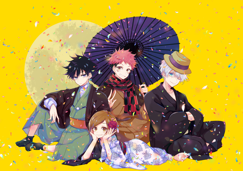 1girl 3boys arm_on_knee bangs barefoot basara_masa black_hair black_kimono black_scarf blue_eyes brown_eyes brown_hair brown_headwear brown_kimono chin_rest closed_mouth confetti facial_mark flower full_body fushiguro_megumi gojou_satoru green_kimono grin hair_between_eyes hair_flower hair_ornament hands_in_opposite_sleeves hands_up haori hat highres holding holding_umbrella indian_style itadori_yuuji japanese_clothes jujutsu_kaisen kimono knee_up kugisaki_nobara long_sleeves looking_at_viewer lying multiple_boys oil-paper_umbrella on_stomach one_eye_closed pink_hair purple_eyes red_scarf sash scarf shirt short_hair simple_background sitting smile spiked_hair swept_bangs tabi umbrella undercut white_hair white_kimono white_shirt yellow_background