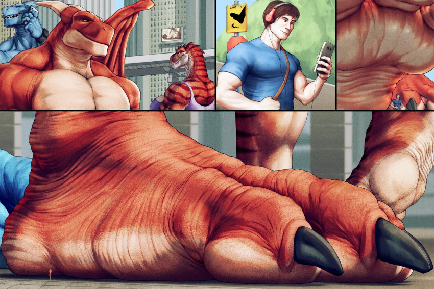 2020 3_toes anthro barefoot black_claws blue_body cellphone city claws comic countershade_feet countershading danathius_(danaers) detailed digital_media_(artwork) dragon english_text feet foot_fetish foot_focus group hi_res human humanoid kherrox macro male mammal micro mtfoxx muscular muscular_anthro muscular_arms muscular_humanoid outside phone red_body scalie soles solo_focus text toes unaware underfoot walking western_dragon