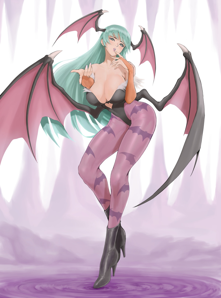 1girl absurdres anagumasan animal_print ankle_boots aqua_eyes aqua_hair bangs bare_shoulders bat_print bat_wings boots breasts bridal_gauntlets cleavage clothing_cutout collarbone commentary_request demon_girl fingernails floating full_body fur_trim green_hair hands_on_own_face head_wings heart_cutout high_heels highleg highleg_leotard highres large_breasts leotard lips long_hair looking_at_viewer low_wings morrigan_aensland open_mouth pantyhose parted_lips print_legwear purple_legwear purple_wings reaching_out ripples simple_background solo strapless strapless_leotard succubus vampire_(game) water wings