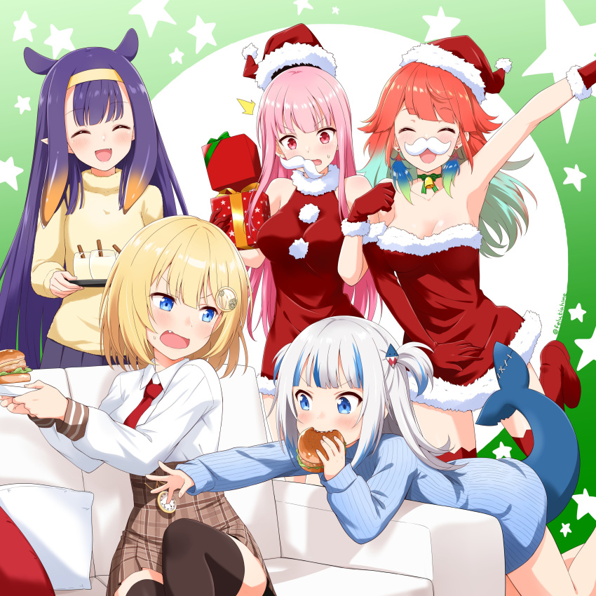 5girls ^_^ ^o^ absurdres alternate_costume animal_ears aqua_hair arm_up bare_legs black_legwear blonde_hair blue_eyes blue_hair blue_sweater blush box breasts brown_skirt casual christmas cleavage closed_eyes collared_shirt commentary couch cowboy_shot dress dress_shirt drink earrings eating english_commentary eyebrows_visible_through_hair fake_facial_hair fake_mustache fang feather_earrings feathers felutiahime fish_tail flat_chest food food_theft fur-trimmed_dress fur-trimmed_gloves fur_trim gawr_gura gift gift_box gloves gradient_hair green_background hair_ornament hairband hamburger hat highres holding holding_tray hololive hololive_english jewelry locked_arms long_hair medium_breasts mori_calliope multicolored_hair multiple_girls necktie ninomae_ina'nis off-shoulder_dress off_shoulder open_mouth orange_hair pink_hair plaid plaid_skirt plate pleated_skirt pocket_watch pointy_ears pom_pom_(clothes) purple_hair purple_skirt reaching red_eyes red_gloves red_neckwear ribbed_sweater santa_costume santa_dress santa_hat shark_hair_ornament shark_tail shirt short_hair short_twintails silver_hair simple_background sitting skirt sleeveless sleeveless_dress smile starry_background straight_hair streaked_hair sweatdrop sweater tail takanashi_kiara tentacle_hair thighhighs tray twintails twitter_username two-tone_hair virtual_youtuber watch watson_amelia wing_collar yellow_sweater zettai_ryouiki