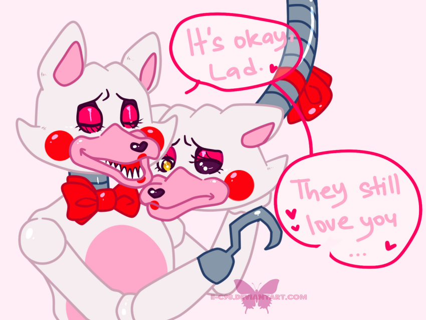 2015 4:3 alpha_channel animatronic anthro bow_tie canid canine dialogue duo e-c98 english_text exposed_endoskeleton five_nights_at_freddy's five_nights_at_freddy's_2 fox hand_on_head heterochromia hook_hand lipstick machine makeup male mammal mangle_(fnaf) multicolored_body open_mouth raised_arm red_cheeks robot sad sharp_teeth simple_background speech_bubble square_crossover talking_to_another teeth text video_games watermark white_body